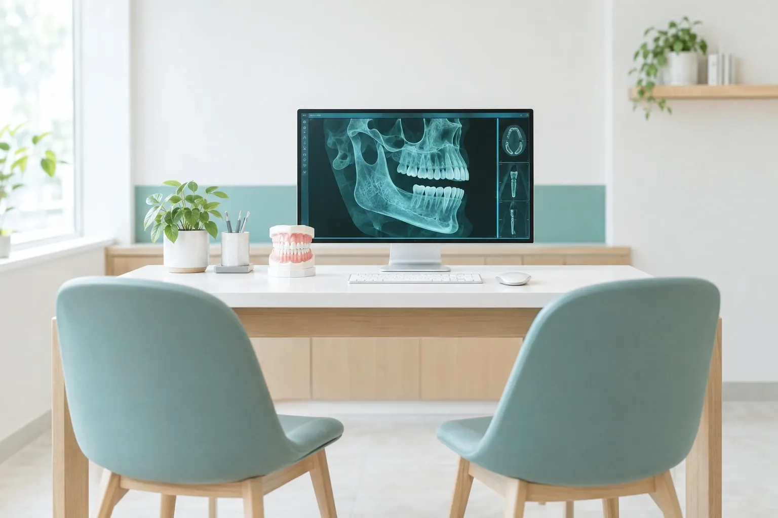 치과 상담실 모니터에 띄운 3D CT 단면 영상과 책상 위 치아 모형